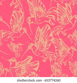 Vintage engraved hummingbirds (colibri bird) seamless pattern