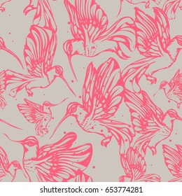 Vintage engraved hummingbirds (colibri bird) seamless pattern