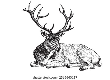 Vintage engraved illustration isolated on white background - Fallow deer Black and White sketch illustration drawing icon logo transparent white background