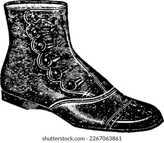 Vintage Engraved Illustration of Leather Fashion Boot with Buttons , Illustration drawn in engraved etching style with halftones and linework. Antique shoe from early 1900s. Retro sketch.