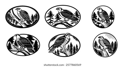 
Vintage engraved illustrations oval frames mountain landscapes  wildlife silhouettes