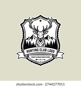 vintage engraved logo vector of deer hunting shield