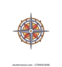 Vintage engraved nautical compass cartoon sketch vector illustration isolated on white background. Sea ship or marine boat equipment and navigation ancient device.