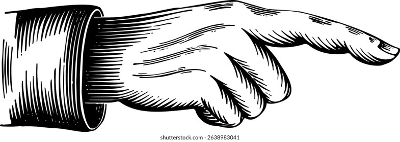 Vintage engraved pointing hand. Black  white, highly detailed, classic antique style. Perfect for indicating direction or drawing drawing attention in retro design projects. Isolated on white. Vector 