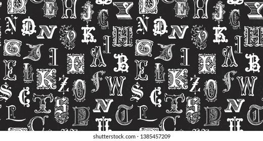 vintage engraved vector letters pattern on seamless blackboard background classic textile king ancient royal black wall background scene fabric elegant fancy letterpress set body press vintage decorat