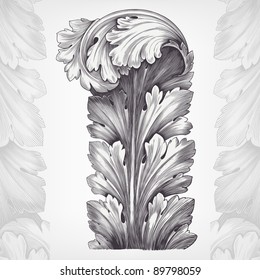 vintage engraving acanthus ornament foliage with retro pattern in antique rococo style decorative design