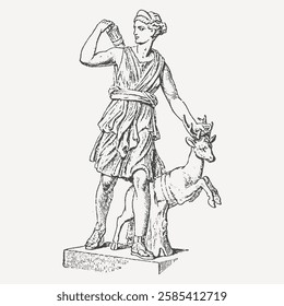 Vintage engraving of Artemis, Greek goddess of the hunt, standing with a deer. Ideal for classical mythology lovers and historical art collections.