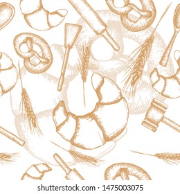 Vintage engraving bakery seamless pattern. Fresh bread set.Bread and bakery hand drawn illustration . Bakery hand drawn pattern. Vector brown and white engraving illustration