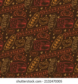 Vintage engraving bakery seamless pattern. Fresh bread set.Bread and bakery hand drawn illustration . Bakery hand drawn pattern. Vector brown and white engraving illustration