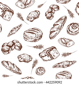 Vintage engraving bakery seamless pattern. Fresh bread set.Bread  and bakery hand drawn illustration . Bakery hand drawn pattern. Vector brown and white engraving  illustration