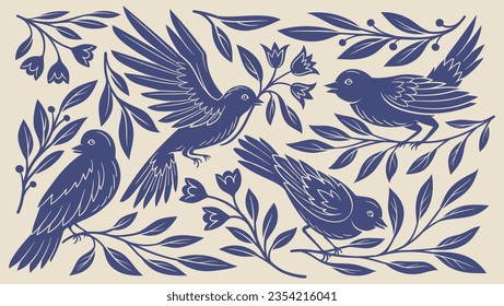 Vintage engraving with birds and foliage. Floral abstract poster with monochrome animals and leaves in contemporary style. Pattern for fabric and textile design. Cartoon flat vector illustration