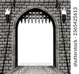 vintage engraving colored drawing of medieval castle open gate with a drawbridge and torches. Cover and poster fantasy design. Vector illustration