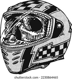 Vintage Engraving Creepy Skull with Full Face Helmet Isolated Vector Illustration Clipart