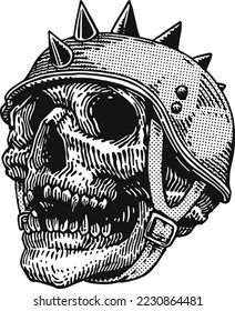 Vintage Engraving Creepy Skull with Half Shell Spike Helmet Isolated Vector Illustration Clipart