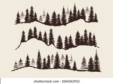 Vintage Engraving Forest. Doodle Sketch Fir-trees Vector Set. Illustration Of Fir And Pine Tree Silhouette, Forest Sketch Evergreen