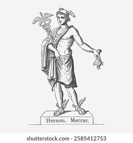 Vintage engraving of Hermes (Mercury), the Greek god of trade and communication. Features winged sandals, a caduceus, and a traveler’s cloak.