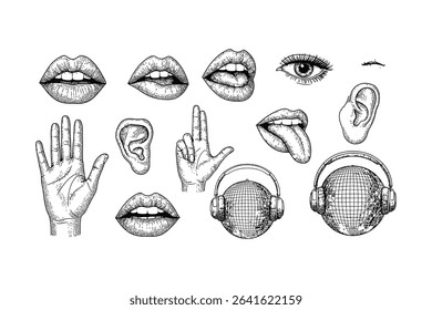 Vintage Engraving of Human Senses – Mouth, Ear, Eye, Tongue, Hand, and Headphones Illustration

