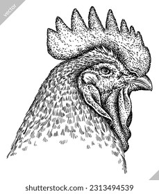 Vintage engraving isolated chicken set illustration rooster ink sketch. Farm fowl background hen bird silhouette cock art. Black and white hand drawn vector image