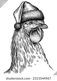 Vintage engraving isolated chicken set dressed christmas illustration rooster ink santa costume sketch. Farm fowl background hen bird silhouette cock new year hat art. Hand drawn vector image