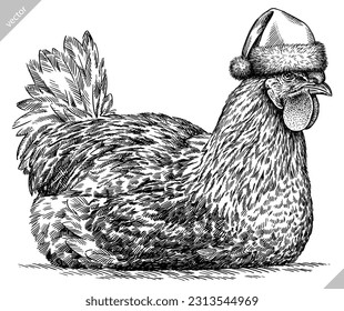 Vintage engraving isolated chicken set dressed christmas illustration rooster ink santa costume sketch. Farm fowl background hen bird silhouette cock new year hat art. Hand drawn vector image