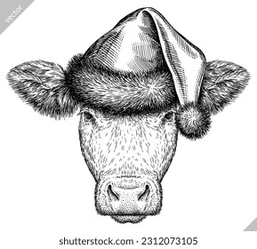 Vintage engraving isolated cow set dressed christmas illustration ink santa costume sketch. Farm bull background beef animal silhouette new year hat art. Black and white hand drawn vector image