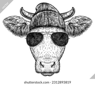 Vintage engraving isolated cow set glasses dressed fashion illustration ink sketch. Farm bull background beef animal silhouette sunglasses hipster hat art. Black and white hand drawn vector image