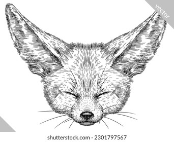 Vintage engraving isolated fennec set illustration ink sketch. Fox background fenech animal silhouette art. Black and white hand drawn vector image