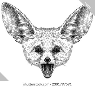 Vintage engraving isolated fennec set illustration ink sketch. Fox background fenech animal silhouette art. Black and white hand drawn vector image