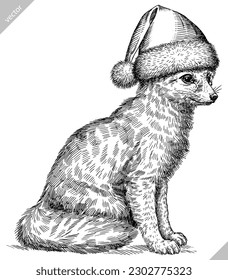 Vintage engraving isolated fennec set dressed christmas illustration ink santa costume sketch. Fox background fenech animal silhouette new year hat art. Black and white hand drawn vector image.