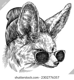 Vintage engraving isolated fennec set glasses dressed fashion  illustration ink costume sketch. Fox background fenech animal silhouette sunglasses hipster hat art. Hand drawn vector image