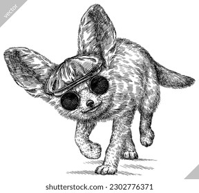 Vintage engraving isolated fennec set glasses dressed fashion  illustration ink costume sketch. Fox background fenech animal silhouette sunglasses hipster hat art. Hand drawn vector image