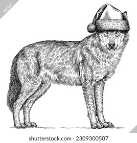 Vintage engraving isolated gray wolf set dressed christmas illustration ink santa costume sketch. Wild dog background animal silhouette new year hat art. Black and white hand drawn vector image.