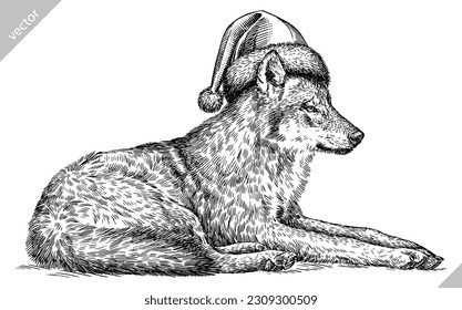 Vintage engraving isolated gray wolf set dressed christmas illustration ink santa costume sketch. Wild dog background animal silhouette new year hat art. Black and white hand drawn vector image.