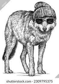 Escándalo de grabado de vintage aislado lobo gris conjunto lentes vestidos de moda ilustración boceto de tintes de tinta. Silueta animal de fondo de perro salvaje gafas de sol hipster sombrero arte. Imagen de vector dibujada a mano.