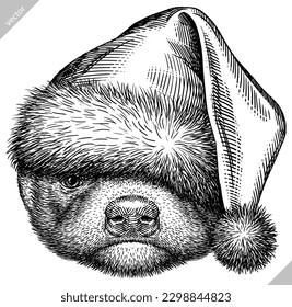 Vintage engraving isolated honey badger set dressed christmas illustration ink santa costume sketch. Ratel background tropical animal silhouette new year hat art. Hand drawn vector image.