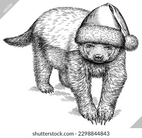 Vintage engraving isolated honey badger set dressed christmas illustration ink santa costume sketch. Ratel background tropical animal silhouette new year hat art. Hand drawn vector image.