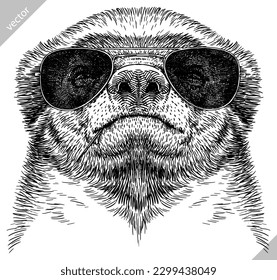 Vintage engraving isolated honey badger set glasses dressed fashion illustration ink costume sketch. Ratel background tropical animal silhouette sunglasses hipster hat art. Hand drawn vector image.