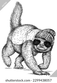Vintage engraving isolated honey badger set glasses dressed fashion illustration ink costume sketch. Ratel background tropical animal silhouette sunglasses hipster hat art. Hand drawn vector image.