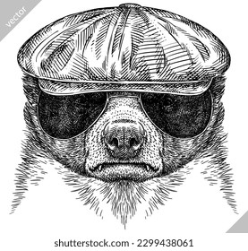 Vintage engraving isolated honey badger set glasses dressed fashion illustration ink costume sketch. Ratel background tropical animal silhouette sunglasses hipster hat art. Hand drawn vector image.