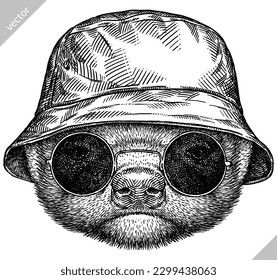 Vintage engraving isolated honey badger set glasses dressed fashion illustration ink costume sketch. Ratel background tropical animal silhouette sunglasses hipster hat art. Hand drawn vector image.