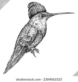 Vintage engraving isolated hummingbird glasses dressed fashion illustration ink humming costume sketch. Bird background colibri tropical silhouette sunglasses hipster hat art. Hand drawn vector image.