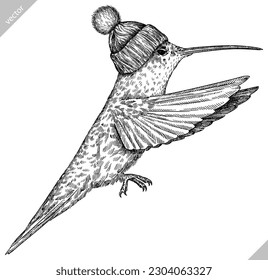 Vintage engraving isolated hummingbird glasses dressed fashion illustration ink humming costume sketch. Bird background colibri tropical silhouette sunglasses hipster hat art. Hand drawn vector image.