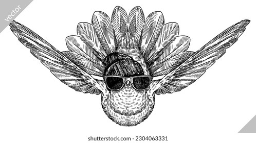 Escándalo de grabado de vintage aislado gafas de colibrí vestidas de ilustración de moda boceto de trajes de zumbido de tinta. Colibri de fondo de pájaro silueta tropical gafas de sol hipster sombrero arte. Imagen de vector dibujada a mano.