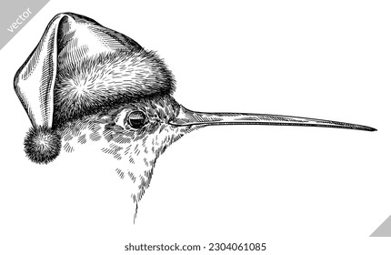 Vintage engraving isolated hummingbird set dressed christmas illustration ink humming santa costume sketch. Bird background colibri tropical silhouette new year hat art. Hand drawn vector image.