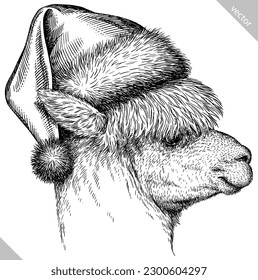 Vintage engraving isolated lama set dressed christmas illustration ink santa costume sketch. Alpaca background America animal silhouette new year hat art. Black and white hand drawn vector image.