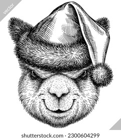 Vintage engraving isolated lama set dressed christmas illustration ink santa costume sketch. Alpaca background America animal silhouette new year hat art. Black and white hand drawn vector image.