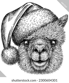 Vintage engraving isolated lama set dressed christmas illustration ink santa costume sketch. Alpaca background America animal silhouette new year hat art. Black and white hand drawn vector image.