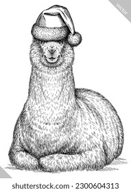 Vintage engraving isolated lama set dressed christmas illustration ink santa costume sketch. Alpaca background America animal silhouette new year hat art. Black and white hand drawn vector image.
