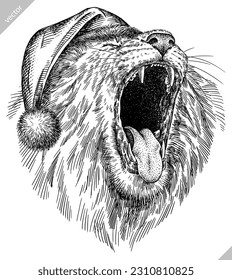 Vintage engraving isolated lion king set dressed christmas illustration ink santa costume sketch. Africa wild cat background animal silhouette new year hat art. Black and white hand drawn vector image