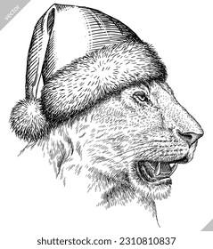 Vintage engraving isolated lion king set dressed christmas illustration ink santa costume sketch. Africa wild cat background animal silhouette new year hat art. Black and white hand drawn vector image